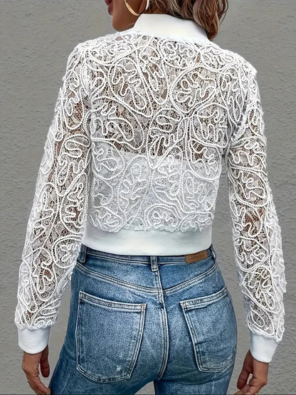 Women's Short Bomber Jacket with Lace and Zipper Long Sleeves - 3