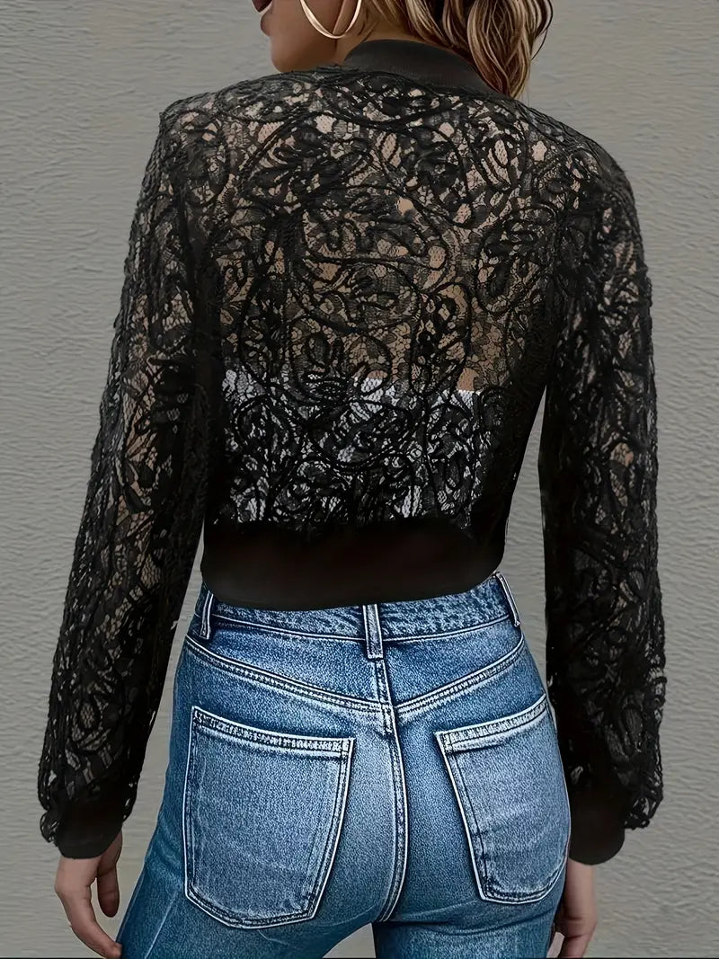 Femme Veste Bomber Courte à Dentelle et Fermeture Éclair Longues Manches