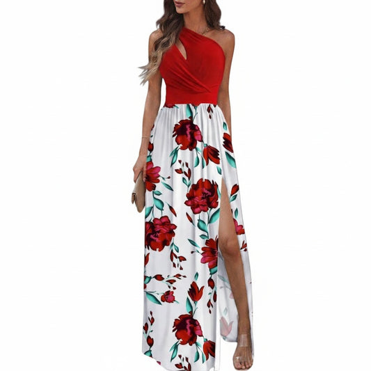 Floral Maxi Dress with Asymmetric One-Shoulder Neckline and Slit - 1