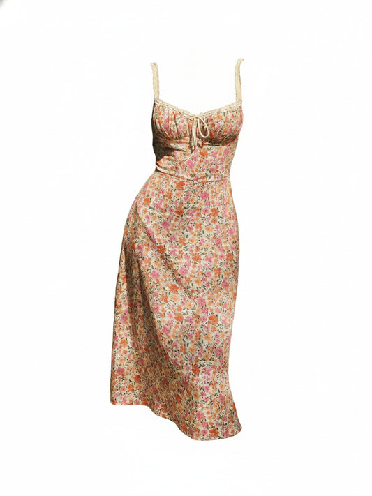 Floral Midi Dress with Thin Straps and Fitted Silhouette - 1