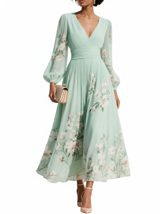 Floral Midi Dress with V-Neck, Cinched Waist, and Puff Sleeves - 1
