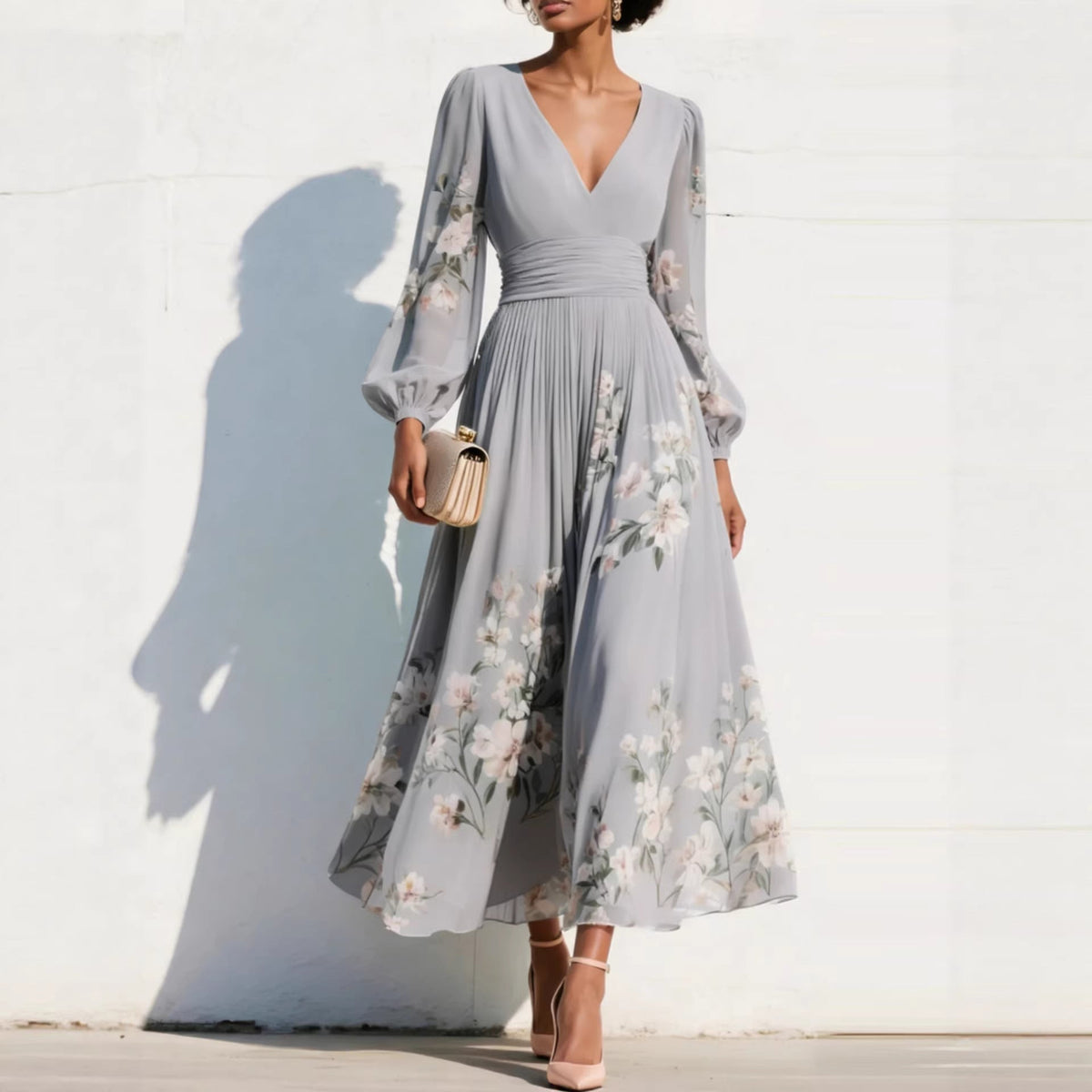 Floral Midi Dress with V-Neck, Cinched Waist, and Puff Sleeves - 6