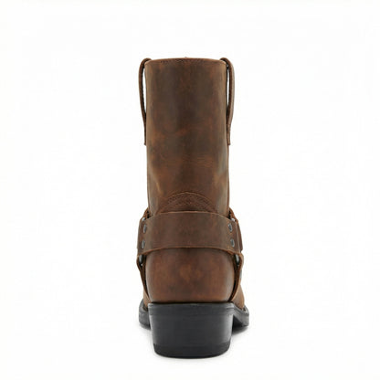 Harness Western Ankle Boots with Metal Ring and Square Toe