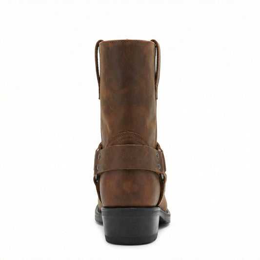 Harness Western Ankle Boots with Metal Ring and Square Toe