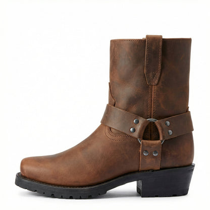 Harness Western Ankle Boots with Metal Ring and Square Toe