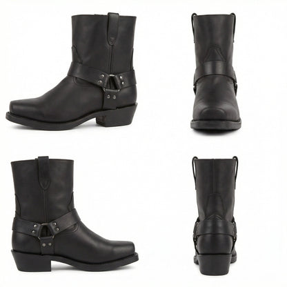 Harness Western Ankle Boots with Metal Ring and Square Toe