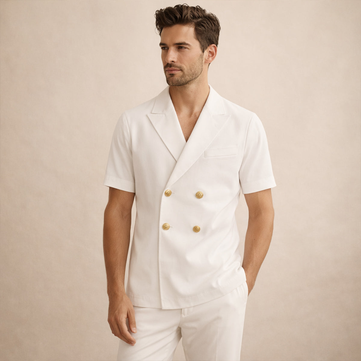 Homme Blazer Manches Courtes à Double Boutonnage et Revers Cranté