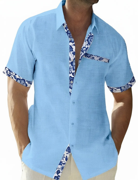 Homme Chemise Courte Manche Courte avec Col Classique et Garnitures Fleuries