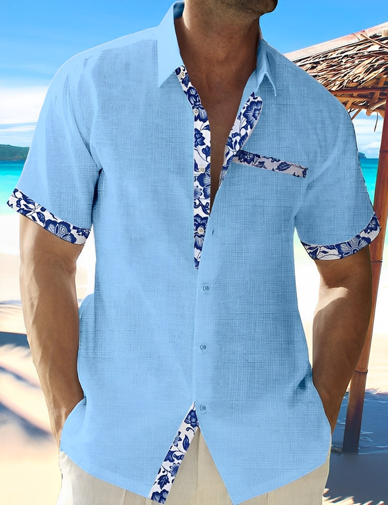 Homme Chemise Courte Manche Courte avec Col Classique et Garnitures Fleuries