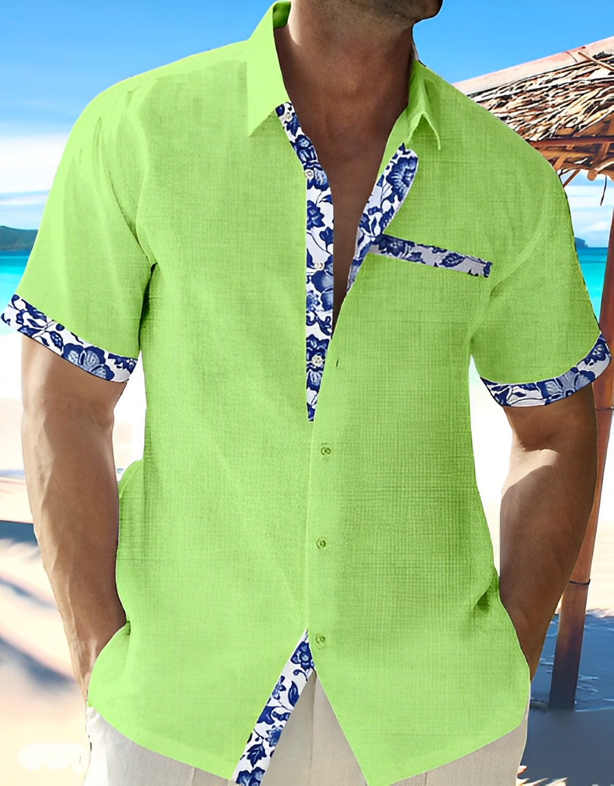 Homme Chemise Courte Manche Courte avec Col Classique et Garnitures Fleuries