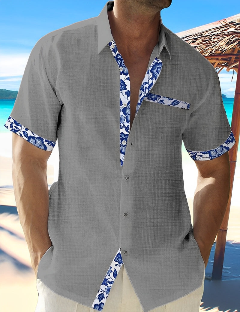Homme Chemise Courte Manche Courte avec Col Classique et Garnitures Fleuries
