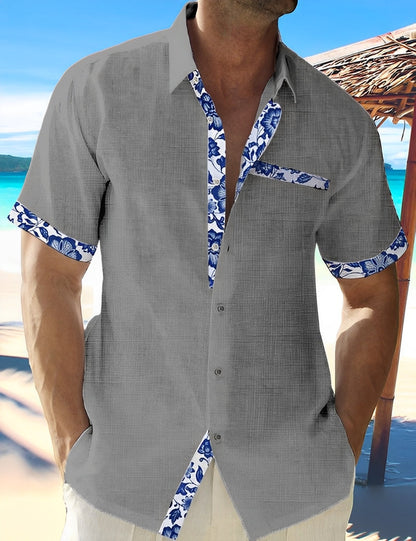 Homme Chemise Courte Manche Courte avec Col Classique et Garnitures Fleuries