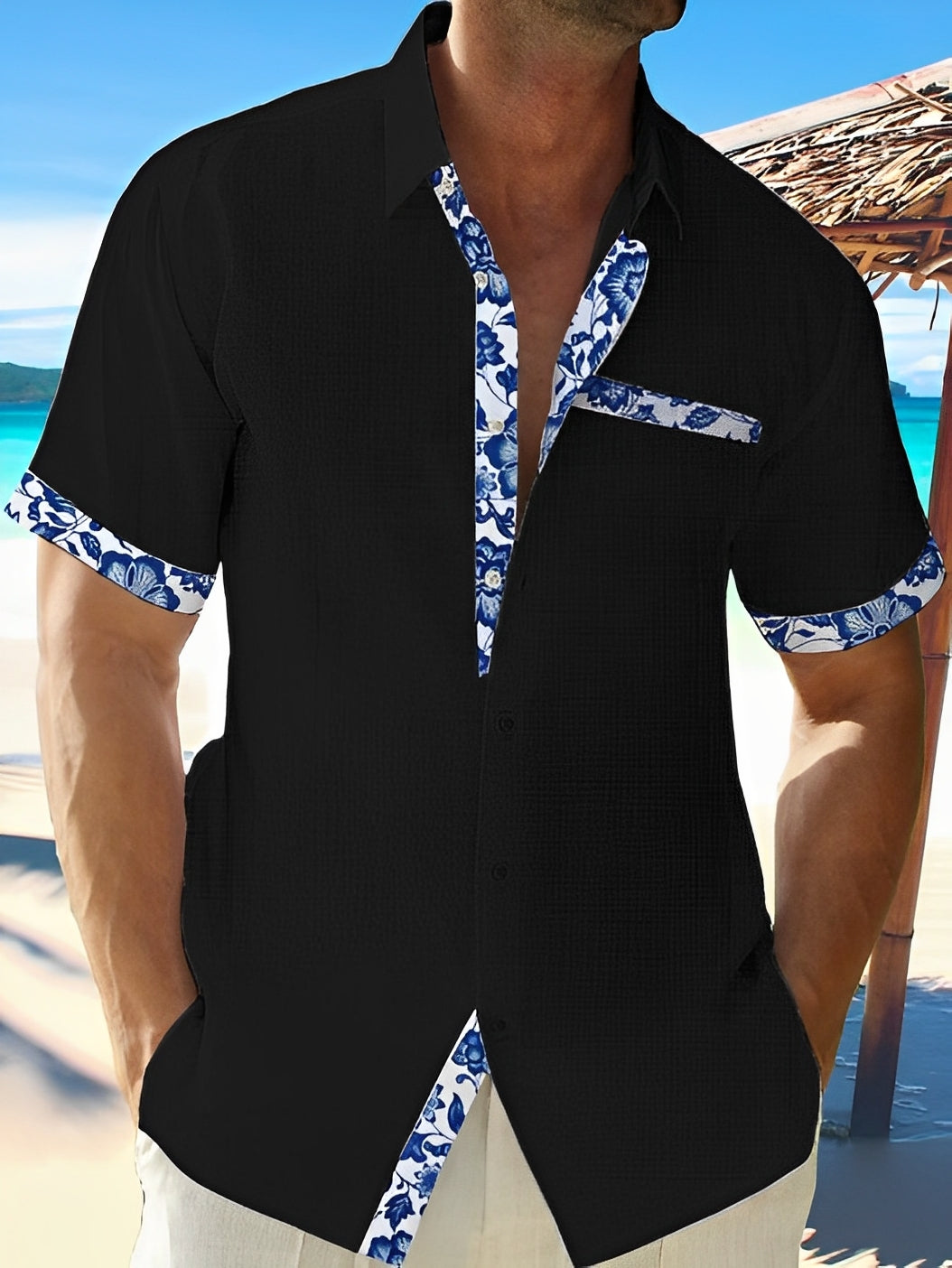 Homme Chemise Courte Manche Courte avec Col Classique et Garnitures Fleuries