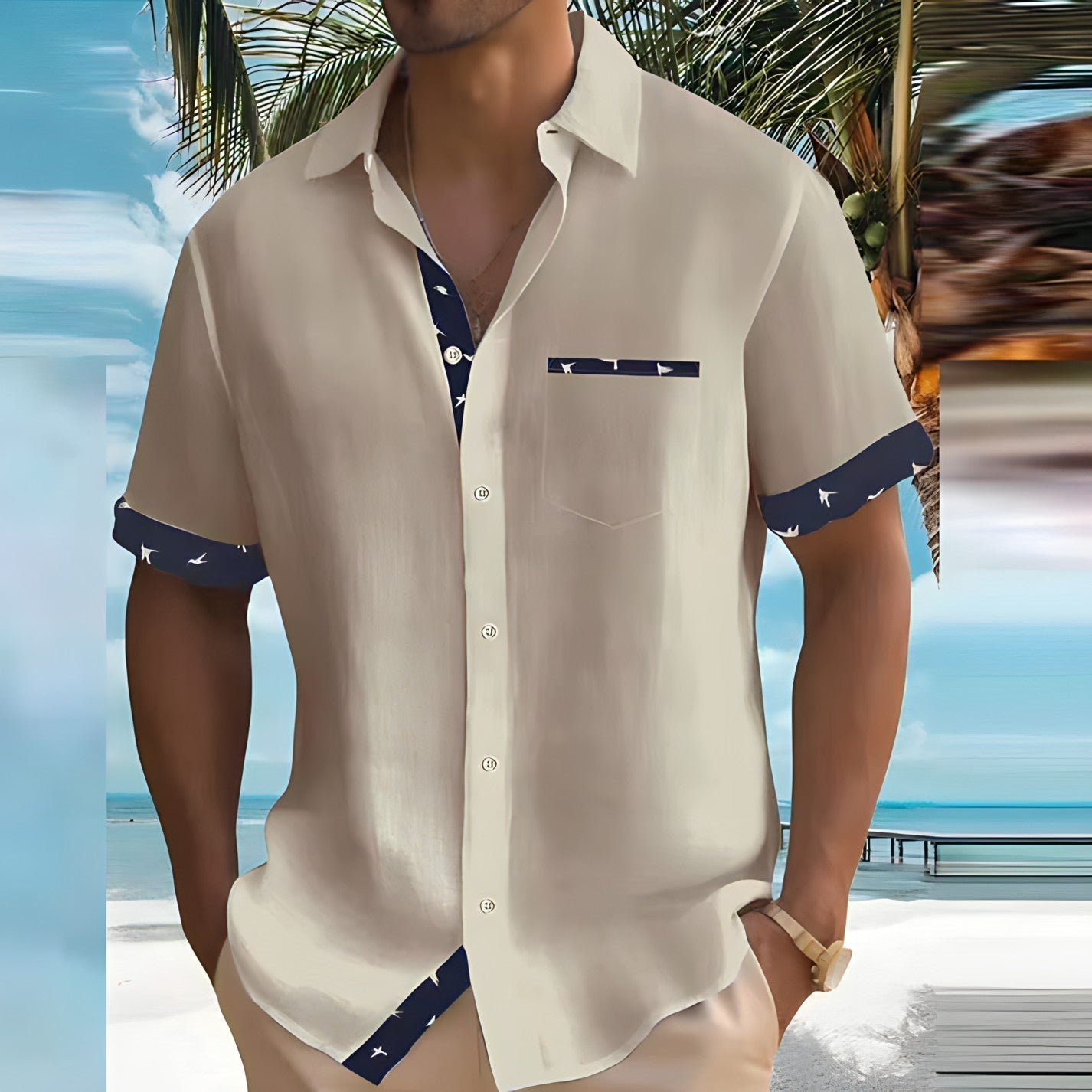 Homme Chemise Courte Manche Courte Loose Fit avec Poche Poitrine et Finitions Contrastées