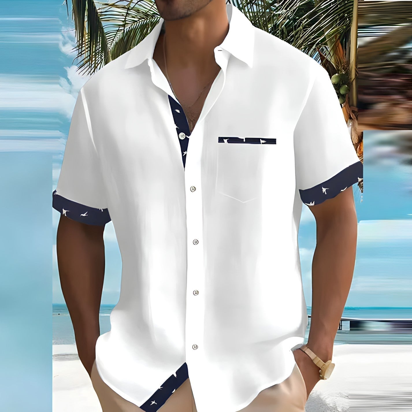 Homme Chemise Courte Manche Courte Loose Fit avec Poche Poitrine et Finitions Contrastées