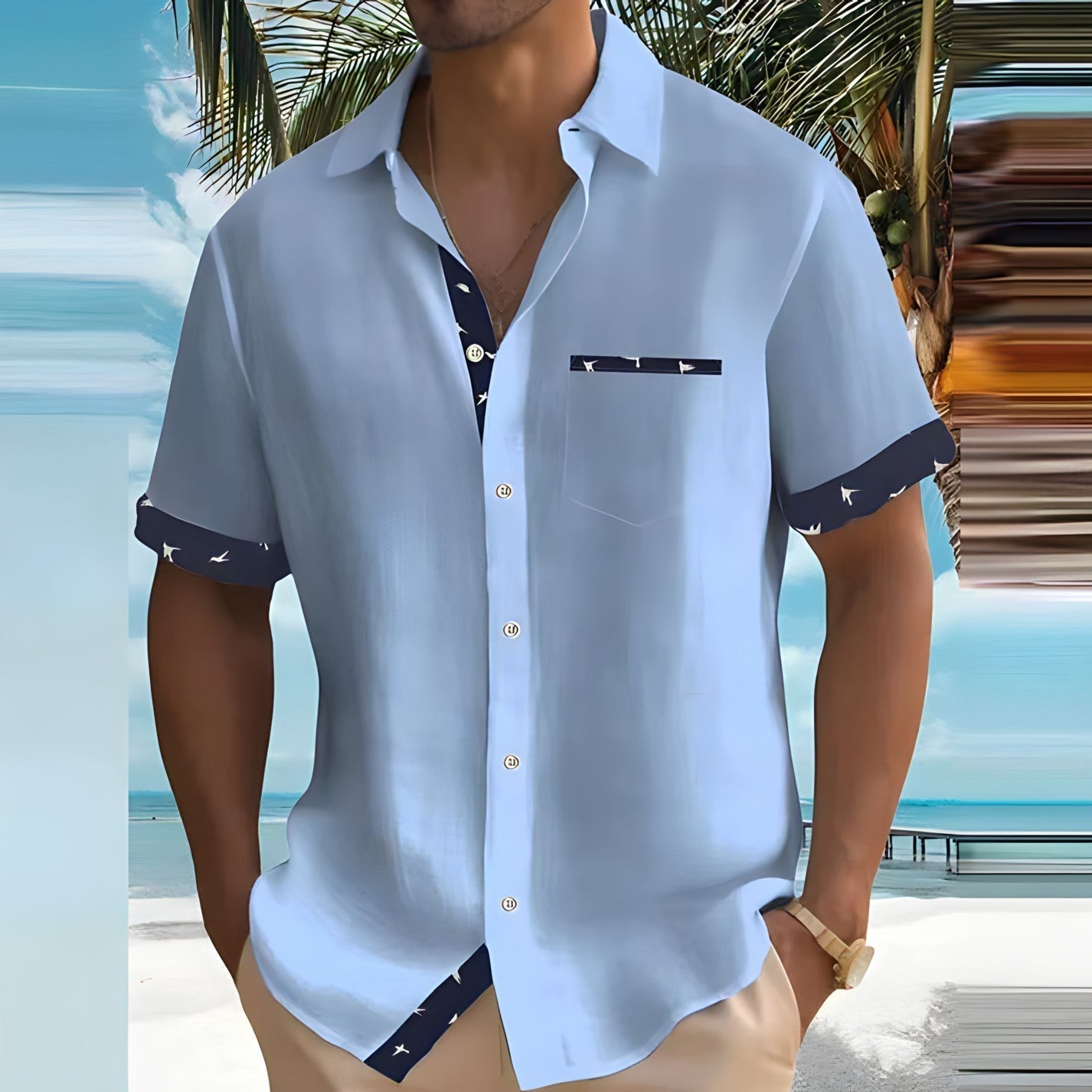 Homme Chemise Courte Manche Courte Loose Fit avec Poche Poitrine et Finitions Contrastées