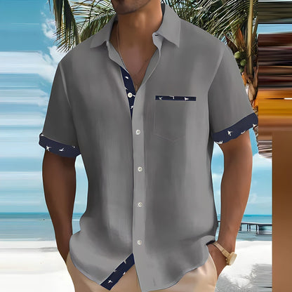 Homme Chemise Courte Manche Courte Loose Fit avec Poche Poitrine et Finitions Contrastées