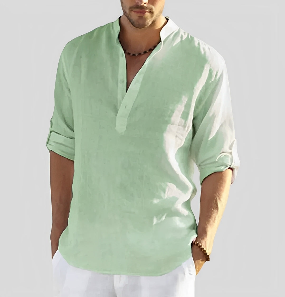 Homme Chemise Décontractée Longue Manche avec Col Mao et Boutonnage Partiel