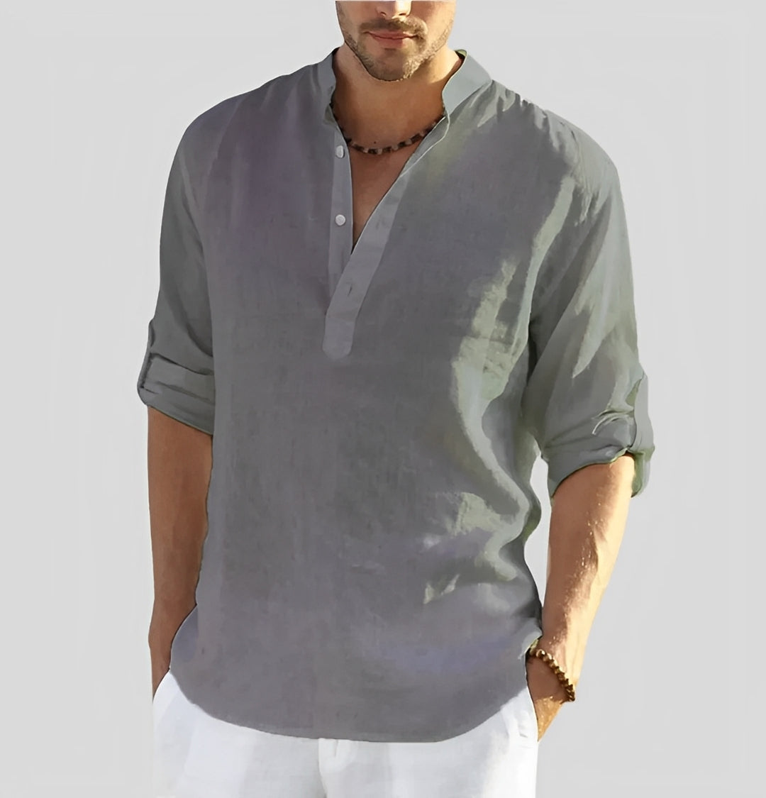 Homme Chemise Décontractée Longue Manche avec Col Mao et Boutonnage Partiel