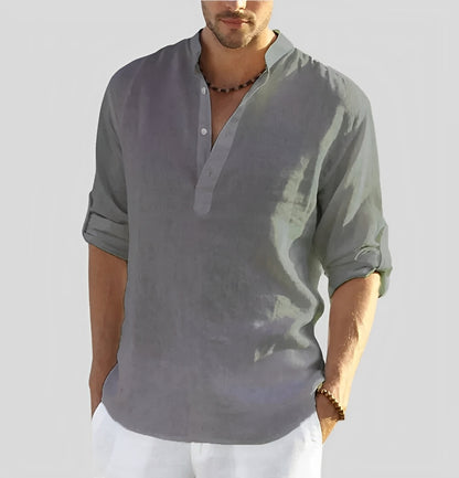 Homme Chemise Décontractée Longue Manche avec Col Mao et Boutonnage Partiel