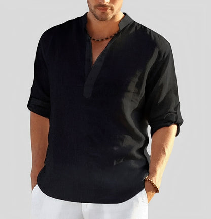 Homme Chemise Décontractée Longue Manche avec Col Mao et Boutonnage Partiel