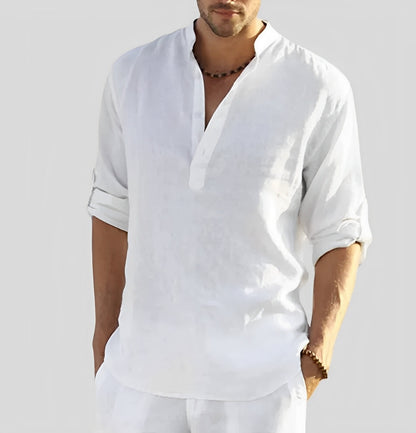 Homme Chemise Décontractée Longue Manche avec Col Mao et Boutonnage Partiel
