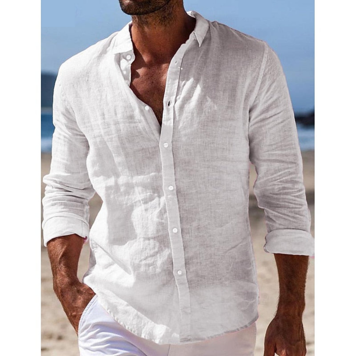 Homme Chemise Décontractée Manches Longues col Mao et Boutons