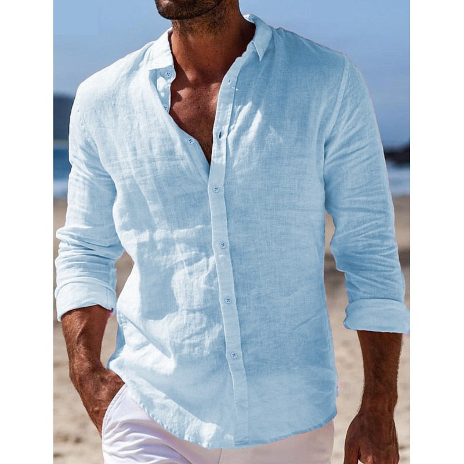 Homme Chemise Décontractée Manches Longues col Mao et Boutons