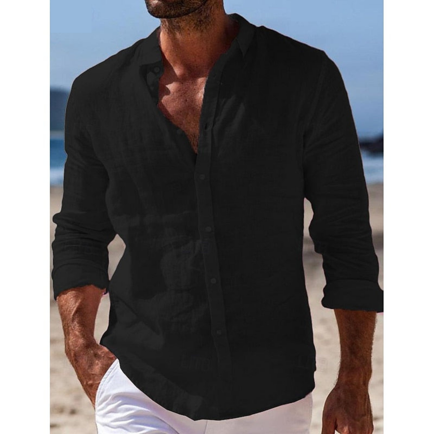 Homme Chemise Décontractée Manches Longues col Mao et Boutons