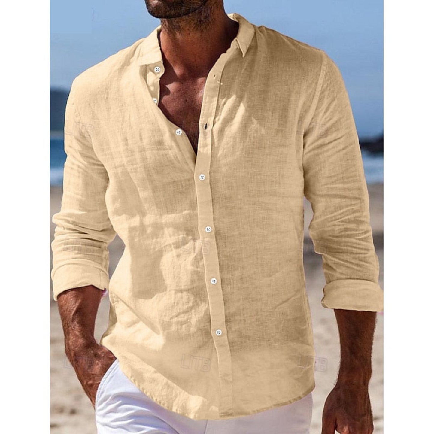 Homme Chemise Décontractée Manches Longues col Mao et Boutons