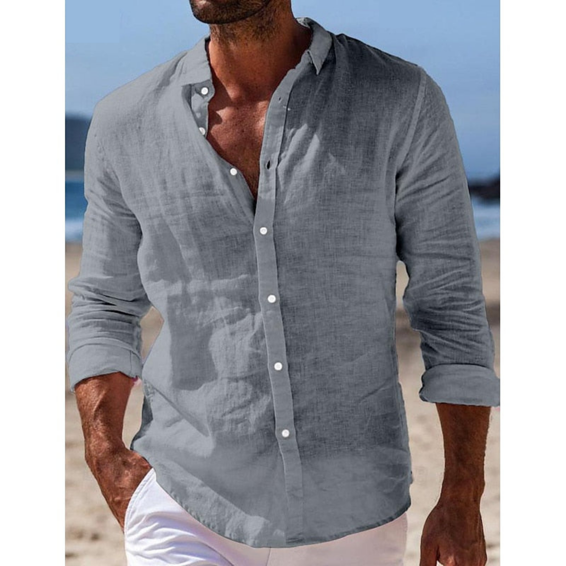 Homme Chemise Décontractée Manches Longues col Mao et Boutons