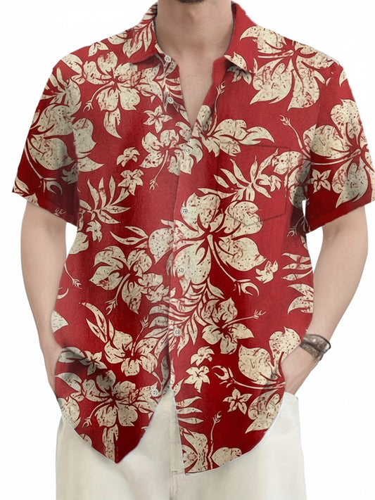 Men's Short Sleeve Hawaiian Shirt with Tropical Floral Print - 1