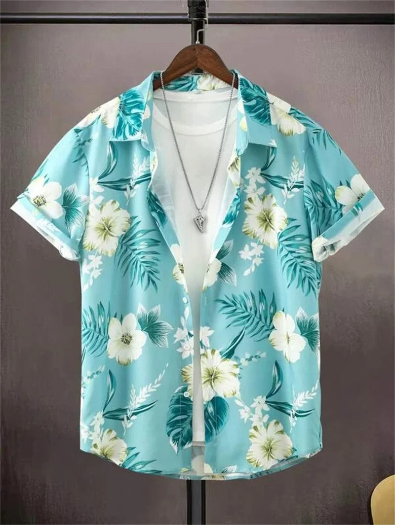 Homme Chemise Hawaiienne Manches Courtes à Imprimé Tropical et Boutonnage Devant