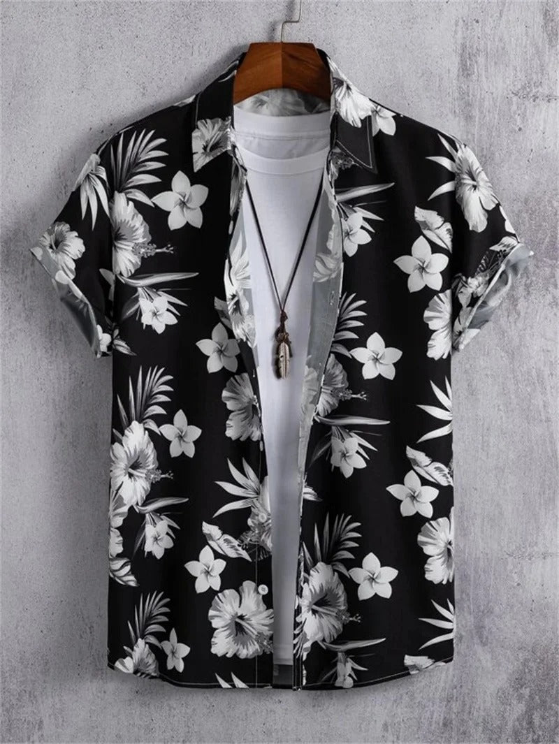 Homme Chemise Hawaiienne Manches Courtes à Imprimé Tropical et Boutonnage Devant