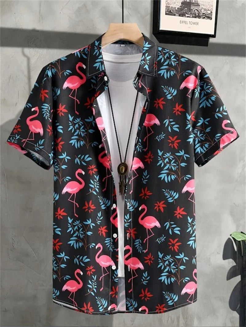 Homme Chemise Hawaiienne Manches Courtes à Imprimé Tropical et Boutonnage Devant