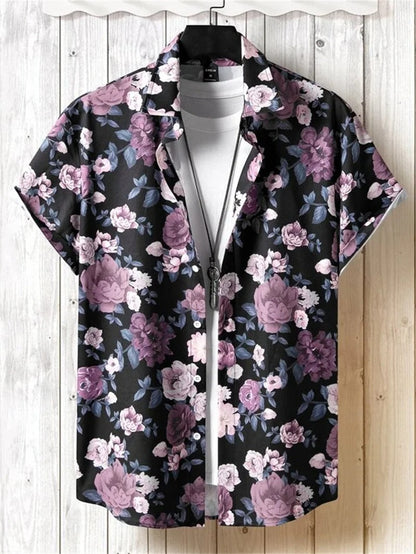 Homme Chemise Hawaiienne Manches Courtes à Imprimé Tropical et Boutonnage Devant