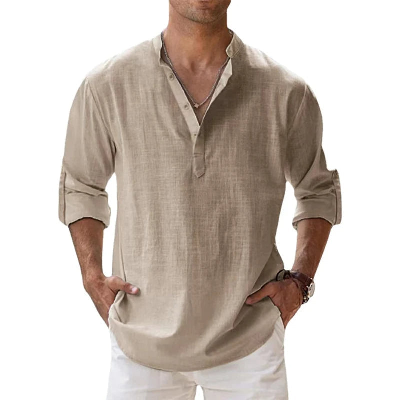 Homme Chemise Henley Manches Longues col Boutonné Coupe Ample