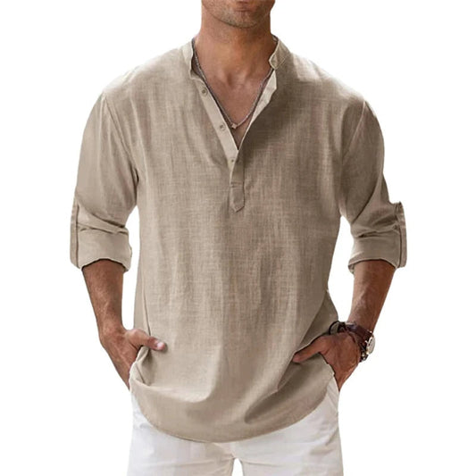 Men's Long Sleeve Henley Button Collar Relaxed Fit Shirt - 1