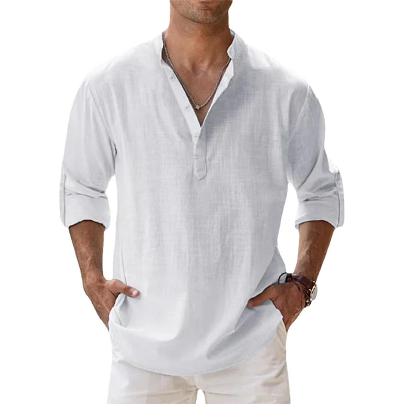 Homme Chemise Henley Manches Longues col Boutonné Coupe Ample