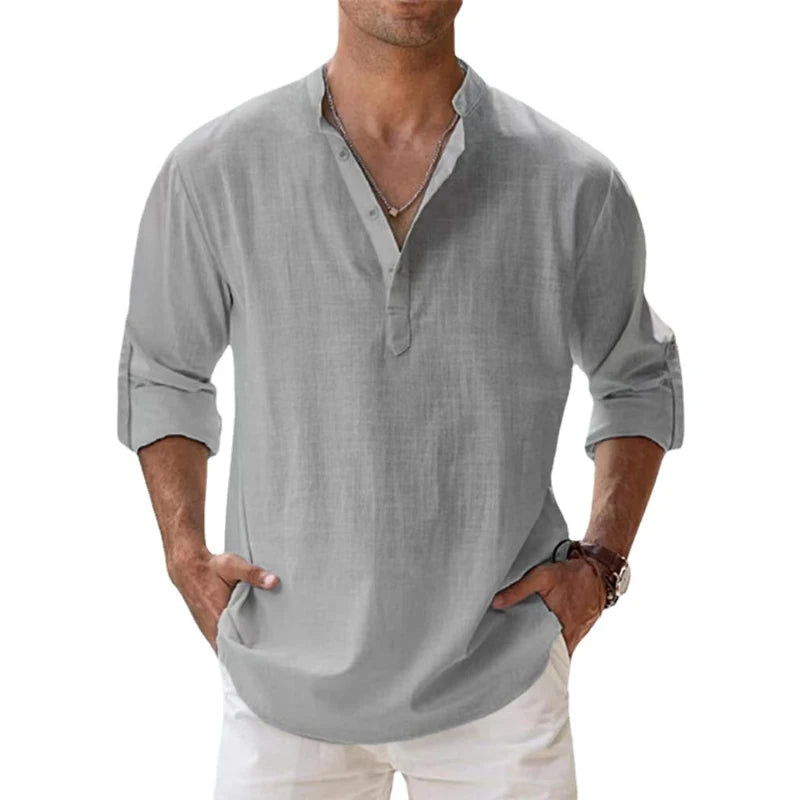 Homme Chemise Henley Manches Longues col Boutonné Coupe Ample