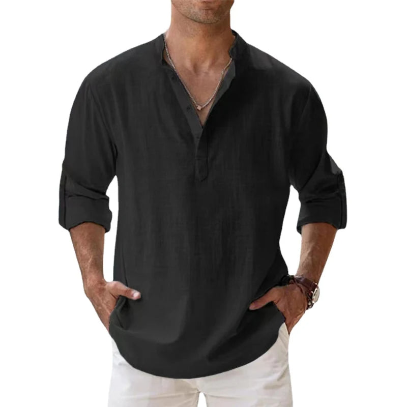 Homme Chemise Henley Manches Longues col Boutonné Coupe Ample