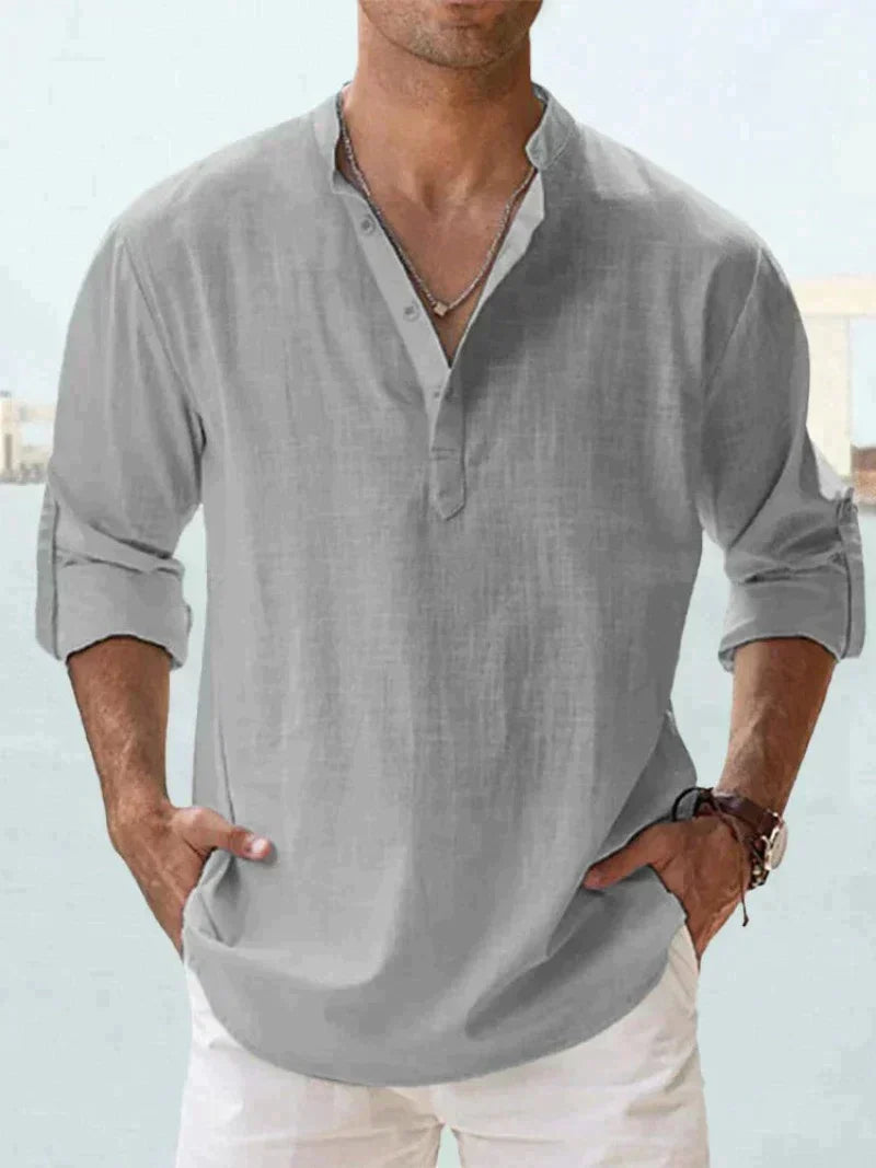 Homme Chemise Longue Manche avec Col Mao et Boutonnage Partiel