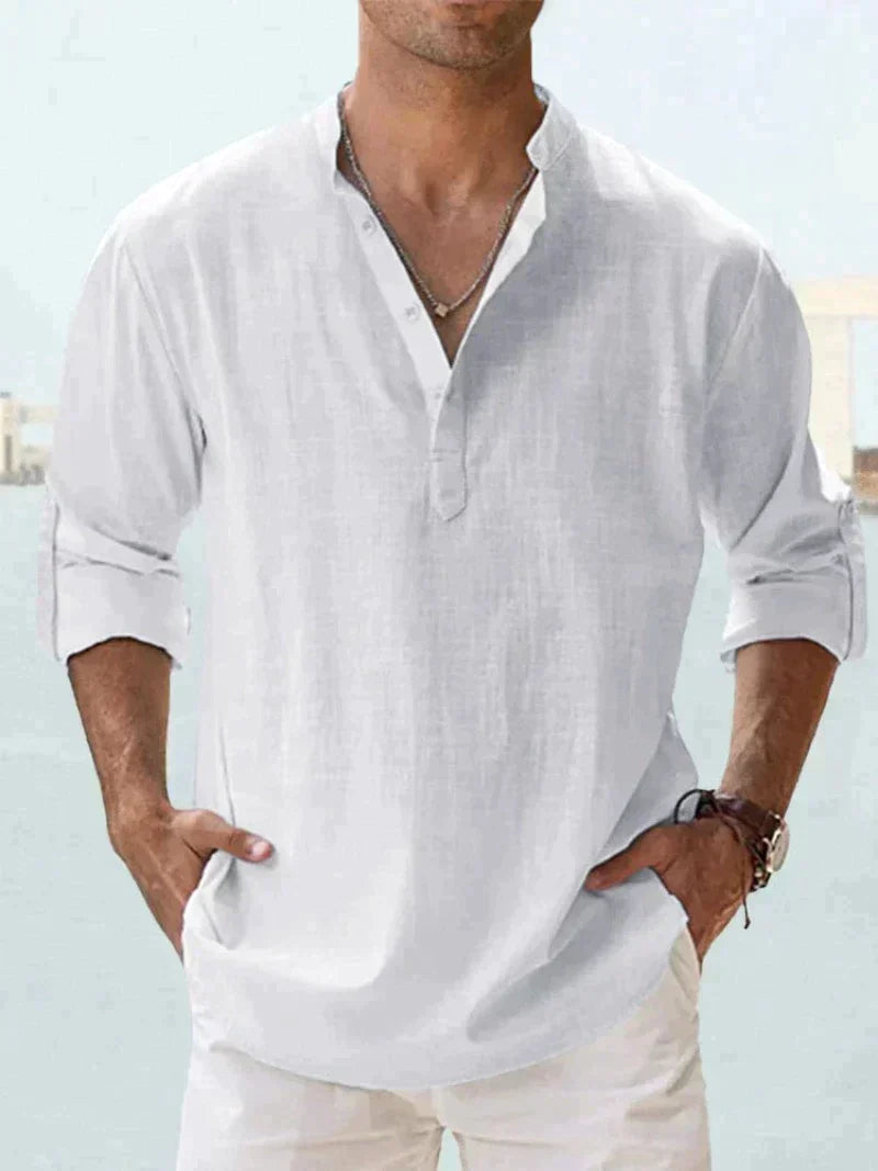 Homme Chemise Longue Manche avec Col Mao et Boutonnage Partiel