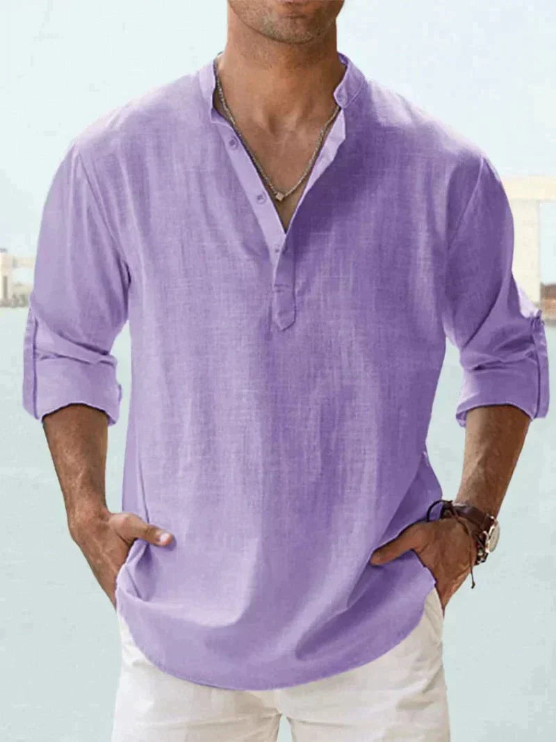 Homme Chemise Longue Manche avec Col Mao et Boutonnage Partiel