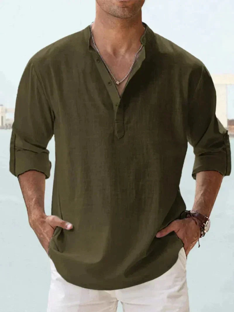 Homme Chemise Longue Manche avec Col Mao et Boutonnage Partiel