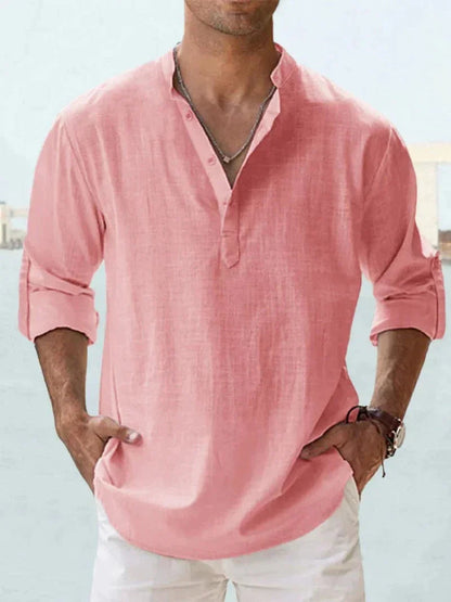 Homme Chemise Longue Manche avec Col Mao et Boutonnage Partiel