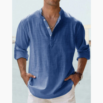 Homme Chemise Longue Manche avec Col Mao et Boutonnage Partiel