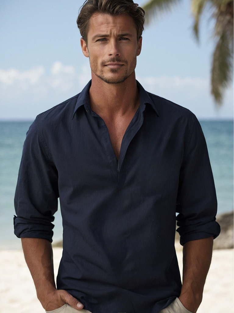 Homme Chemise Longue Manche avec Col Mao et Boutonnage Partiel