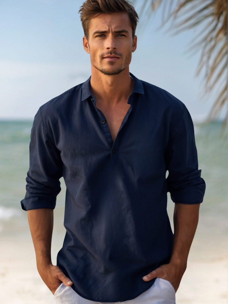 Homme Chemise Longue Manche avec Col Mao et Boutonnage Partiel