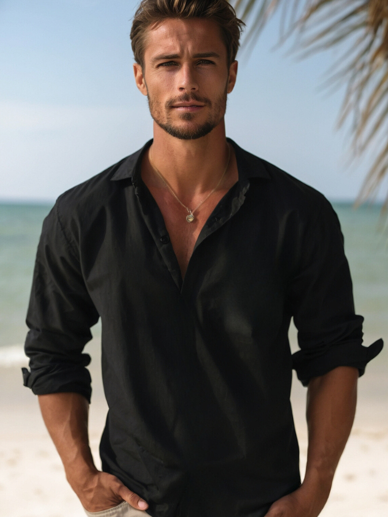 Homme Chemise Longue Manche avec Col Mao et Boutonnage Partiel